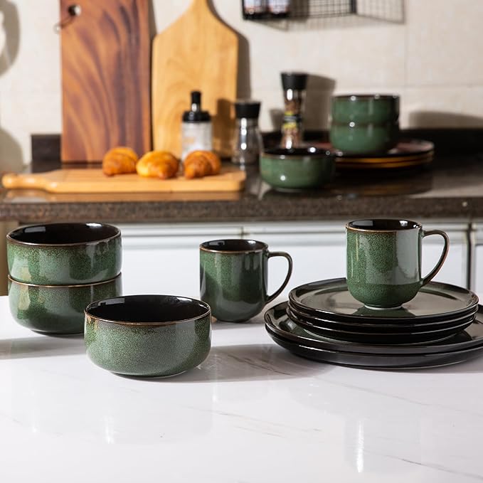 LERATIO Ceramic Dinnerware Set for 4, Poreclain Plates, Bowls, Handmade Reactive Glaze Dishes, Chip Resistant, Oven & Dishwasher Safe, Service for 4
