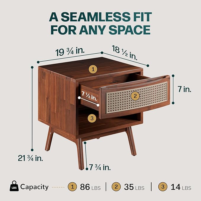 Bme Nancy Side Tables Bedroom, US Patent Pending Design, Acacia Wood Nightstand with Curved Shape and Inlaid Rattan, Nightstand with Drawers, Quick Leg Assembly, Dark Chocolate