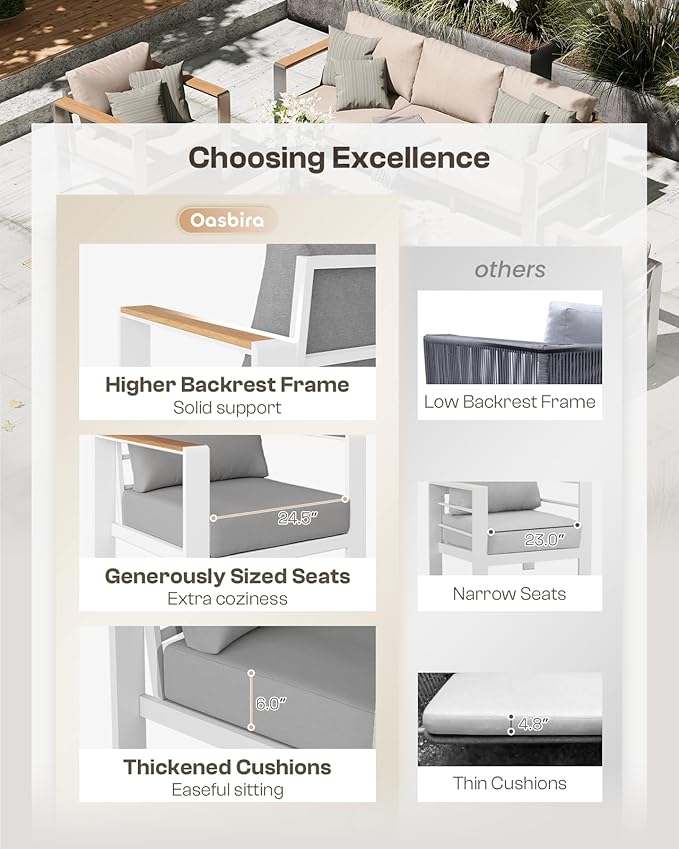 Aluminum Outdoor Patio Furniture Set with Table, 7 Piece Patio Conversation Sets Outdoor Chair with Thick Cushion, Ottomans, Patio Sectional Furniture Set for Porch, Balcony, Deck, Yard, White