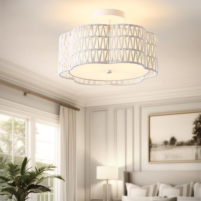 13.4" Boho Light Fixtures Flush Mount, 3-Light Rattan Ceiling Light Fixtures Flush Mount Gold for Bedroom, Flower-Shaped Close to Ceiling Light Fixture for Hallway Kitchen Dining Room(White)
