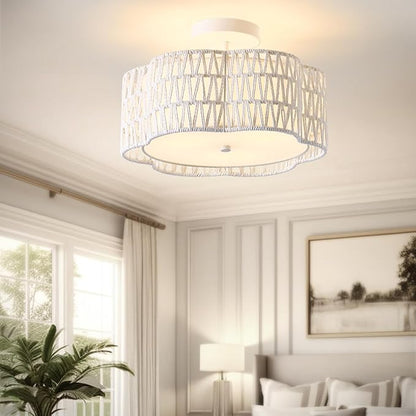 13.4" Boho Light Fixtures Flush Mount, 3-Light Rattan Ceiling Light Fixtures Flush Mount Gold for Bedroom, Flower-Shaped Close to Ceiling Light Fixture for Hallway Kitchen Dining Room(White)