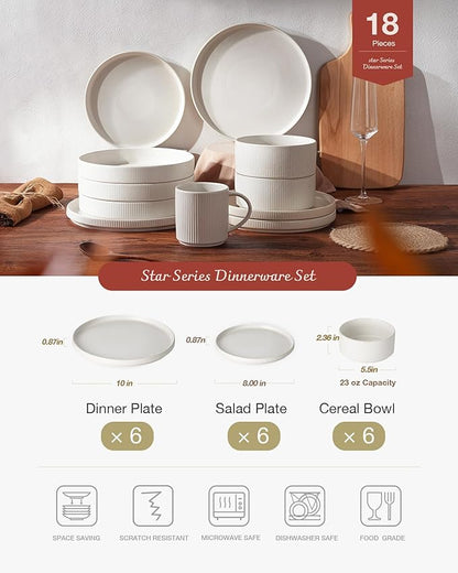 Famiware Star Plates and Bowls Sets, Modern Stoneware Dinnerware Sets for 6, 18-Piece Kitchen Dish Set - Chip and Scratch Resistant, Microwave and Dishwasher Safe Tableware, Matte White