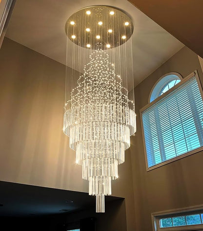 W32 x H100 Glam Chandelier with LED Bulbs Crystal Raindrop High Ceiling Pendant Light for Entrance Large Villa Chandelier Foyer Lighting Fixtures Gold