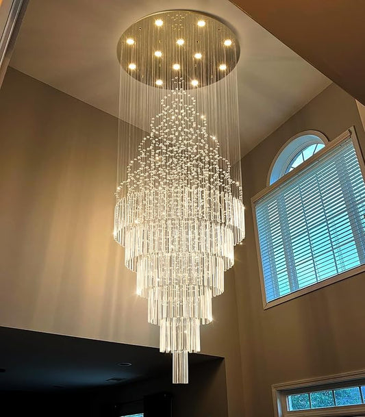 W32 x H100 Glam Chandelier with LED Bulbs Crystal Raindrop High Ceiling Pendant Light for Entrance Large Villa Chandelier Foyer Lighting Fixtures Gold