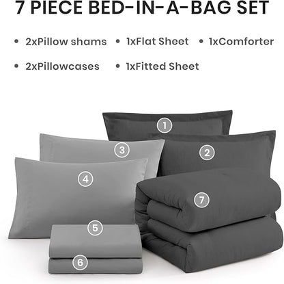 Monbix California King Comforter Set - 7 Pieces Cationic Dyeing Dark Grey Bed in a Bag Cal King Bed Sets with Comforter, Sheets, Pillowcases & Shams, Reversible Bedding Comforters Sets (108 * 92)