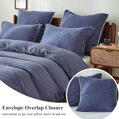 Simple&Opulence 100% Linen Euro Sham Covers with Piping Trim, 26"x26" Pillow Cover Set of 2, Breathable Pillow Shams for Bed Couch Decorative Cushions, Classic Blue