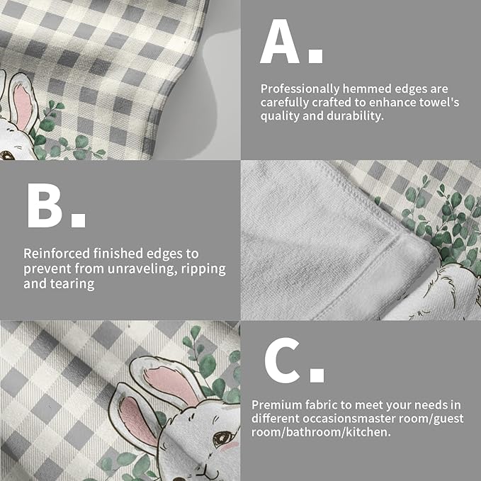 Easter Rabbit Hand Towels Decorative Eucalyptus Leaf Buffalo Plaid Holiday Soft Absorbent Kitchen 14x28