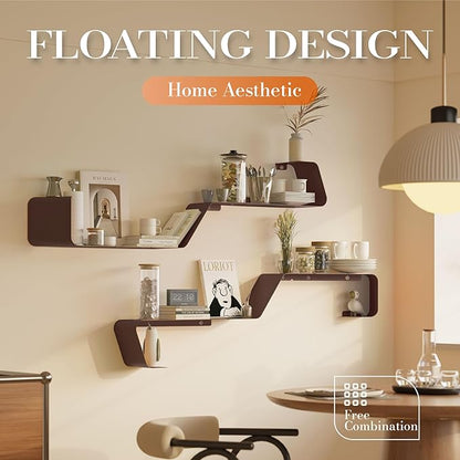 Floating Wall Shelves Set of 3, Metal Mounted Shelf with Unique Design, Bookshelf for Storage & Display in Bathroom, Bedroom, Kitchen, Living Room, Brown Home Decor