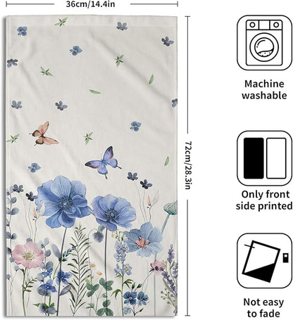 Spring Kitchen Towels Wild Flowers Set of 2 Butterfly Floral Absorbent for Home Gym Spa Blue
