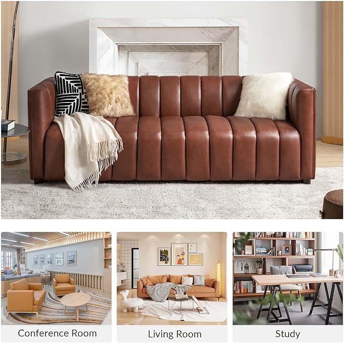 HULALA HOME 83" Genuine Leather Sofa with Channel Tufted Design, 3-Seater Sofa for Living Room Bedroom, Modern Oversized Couch with Wood Legs, Brown