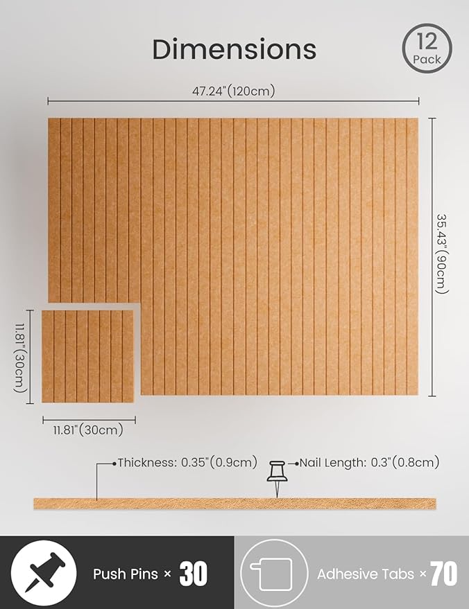 Bumusty Large Cork Board Alternative-47 x35 Felt Bulletin Board Tiles, with 30 Pushpins, 70 Adhesive Tabs, 12-Pack Slat Wall Paneling, Cork Boards for Office Push Pin Board Felt Board-Longan Yellow