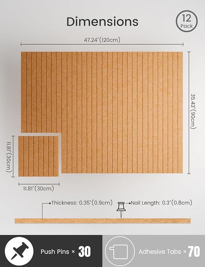 Bumusty Large Cork Board Alternative-47 x35 Felt Bulletin Board Tiles, with 30 Pushpins, 70 Adhesive Tabs, 12-Pack Slat Wall Paneling, Cork Boards for Office Push Pin Board Felt Board-Longan Yellow
