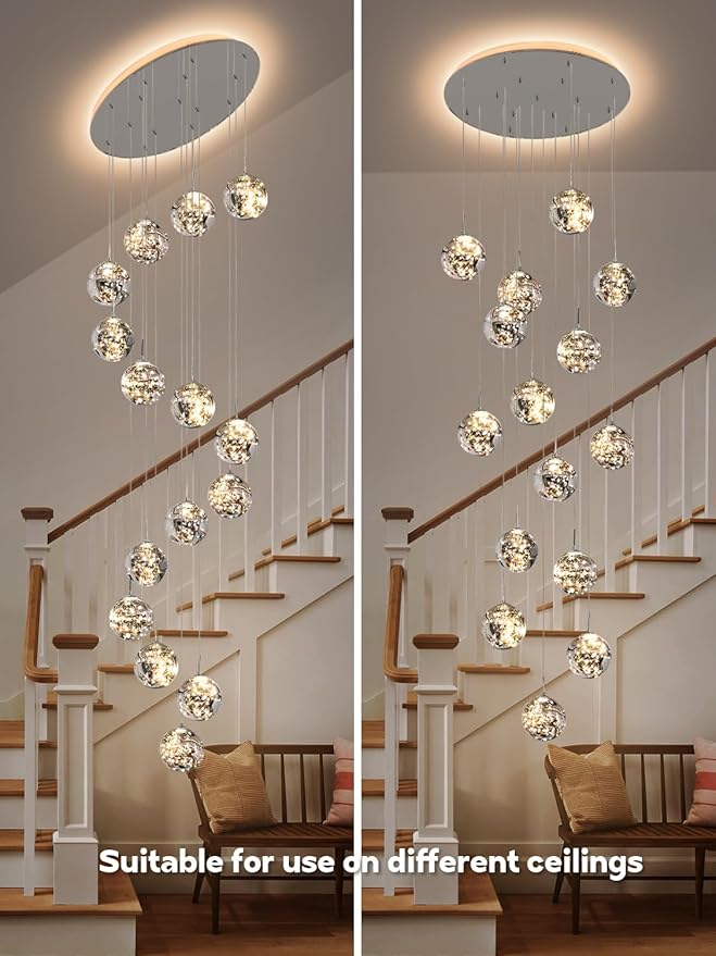 15-Light LED Staircase Chandelier Crystal Ceiling Lights Large Chandeliers for High Ceilings, Entryway Modern Lighting Fixture Villas and Stairs, Adjustable Length 23" W x100 H,75W