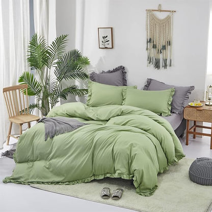 CLOTHKNOW Green Ruffle Comforter Twin/Twin XL Sage Green Bedding Comforter Sets Farmhouse Shabby Chic Comforter Set Vintage Rustic Soft