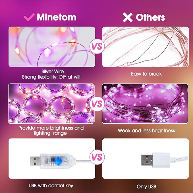 Minetom Curtain Lights, 300 LED Dimmable Fairy Lights with Remote and Timer, 8 Modes, USB Powered String Lights for Room Wall Party Xmas Indoor Decor, Purple & Orange