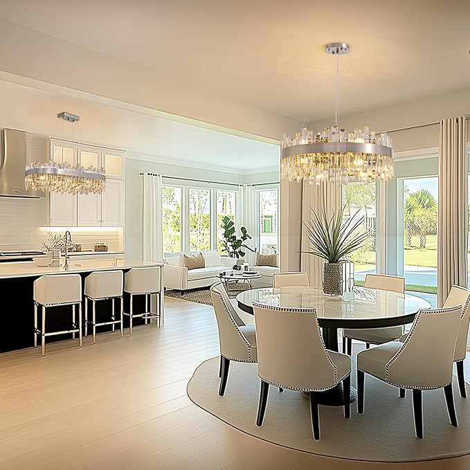 Siljoy 12-Light Modern Crystal Chandelier Round Brushed Nickel 2-Tier K9 Crystal Raindrop Chandelier Luxury Adjustable Hanging Ceiling Light Fixture for Living Dining Room Kitchen Island D23.6''