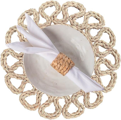 13.8" Set of 4 Round Seagrass Placemats | Boho Woven Rattan Table Mats | Farmhouse Wicker Spring Plate Chargers Like Water Hyacinth, Corn Husk for Wedding, Party, Christmas, Events