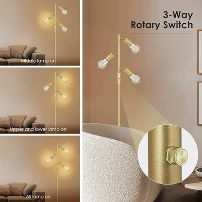 BoostArea Tree Floor Lamp, Brass Gold Industrial Floor Lamp, Modern Standing Lamp with Adjustable 3 Light, E26 Socket, Rotary Switch, Boho Stand Up Lamp Pole Lamps for Living Room, Bedroom (No Bulbs)