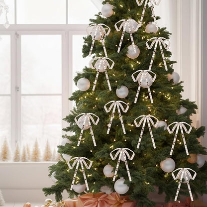 24 Pcs 5 Inch Disco Christmas Bow Ornament Disco Bulk Silver Mirror Ribbon Sequin Glitter Bow Decorations for Christmas Tree Xmas Holiday Wreath Fireplace Garland Party Favor Home