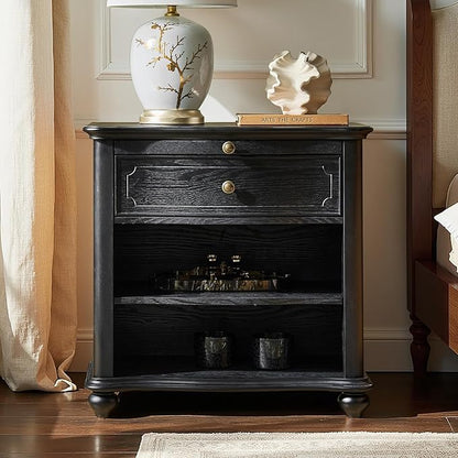 HULALA HOME Wooden Nightstand with Pull-Out Shelf, Mid Century Modern Nightstand with Solid Wood Drawers and Legs, Adjustable Storage, Black