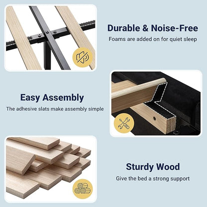 Allewie Vintage Full Size Velvet Platform Bed Frame with Curved Vertical Tufted Wingback Headboard and Footboard, Charging Station, Easy Assembly, Under Bed Storage, No Box Spring Required, Black