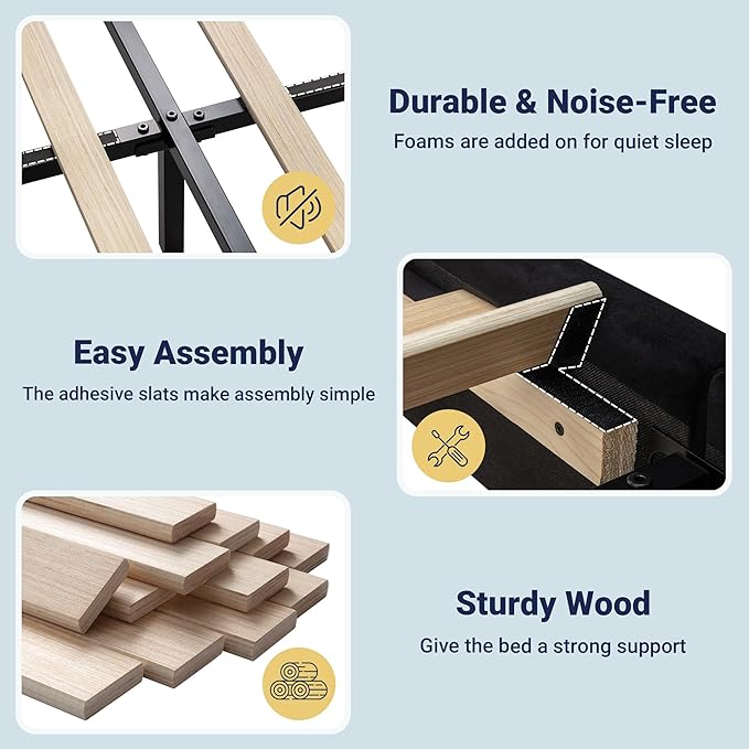 Allewie Vintage Queen Size Velvet Platform Bed Frame with Curved Vertical Tufted Wingback Headboard and Footboard, Charging Station, Easy Assembly, Under Bed Storage, No Box Spring Required, Black