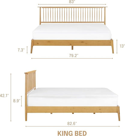 NTC Ruby Wooden Bed Frame with Headboard, Solid Oak and Rubber Wood Foundation with Silent Slats and Wood Central Supports, 1000 Lb Capacity, Effortless Assembly, King - Rustic Oak
