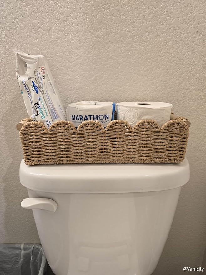 CubesLand Paper Rope Scalloped Edge Toilet Paper Storage Basket, Small Living Room, Bedroom Decor Baskets for Over Toilet Storage Shelf, Shelves and More, with 2 Wooden Handle, Neutral