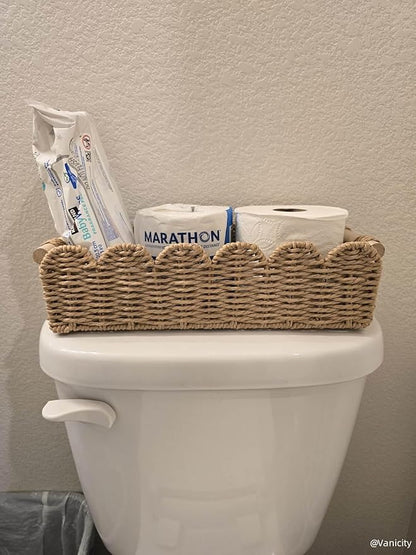 CubesLand Paper Rope Scalloped Edge Toilet Paper Storage Basket, Small Living Room, Bedroom Decor Baskets for Over Toilet Storage Shelf, Shelves and More, with 2 Wooden Handle, Neutral