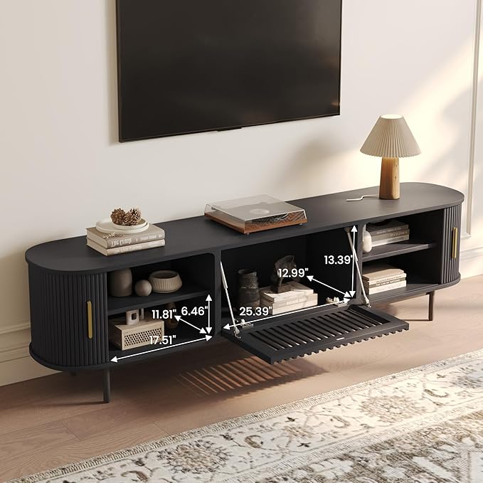POVISON Fully-Assembled Mid Century Modern TV Stand, Sliding Tambour Door Entertainment Center with Storage, Wood TV Console, Media Console for Living Room Bedroom(Black, 78.74")