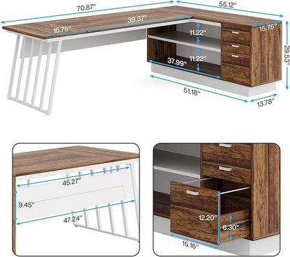 Tribesigns 71-Inch Executive Desk, L-Shaped Desk with Cabinet, Large Office Desk with Drawers and Storage Shelves, Writing Table Computer Desk for Home Office, Brown and White