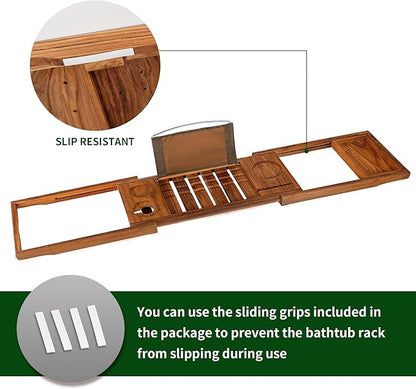 VaeFae Premium Teak Bathtub Tray, Expandable Wooden Bath Tray for Tub, Luxury Bathtub & Bathroom Accessories, Great House Warming, Anniversary & Wedding and Birthday Gifts (Free Teak Body Brush)