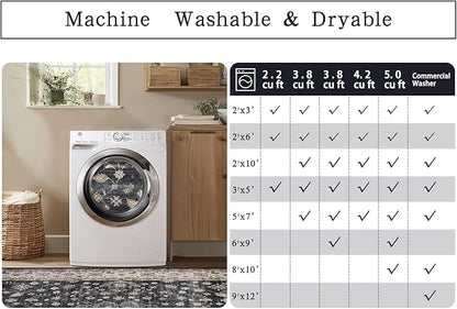 Washable Rugs 8x10 Area Rugs for Living Room,Rugs for Bedroom,Large Carpets,Ultra Soft Faux Wool Retro Dining Room Rug,Non Slip&Non-Shedding Low Pile Vintage Print Rug for Home Office-Black