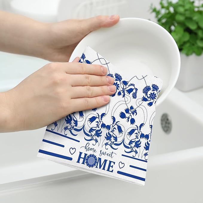 Boho Floral Dish Towels Set of 2 Absorbent Decorative Kitchen Towels, Blue