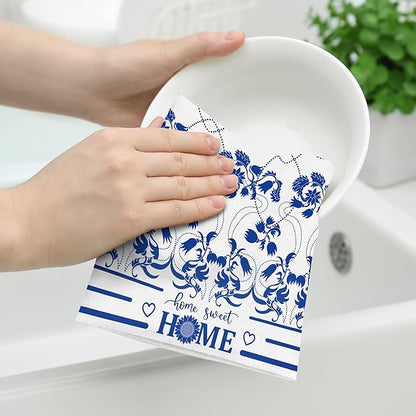 Boho Floral Dish Towels Set of 2 Absorbent Decorative Kitchen Towels, Blue