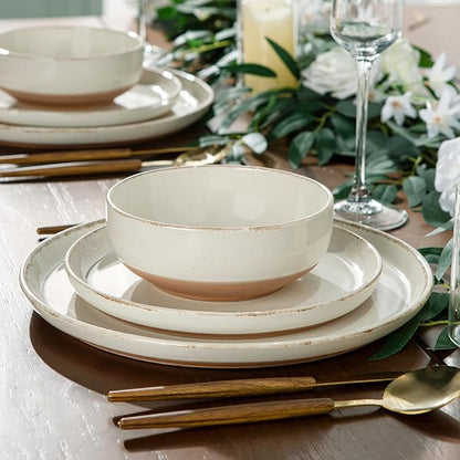 AmorArc 32 Pieces Ceramic Dinnerware Sets for 8, Handpainted Plates and Bowls Set with Rustic Terracotta Underside, Scratch Resistant Stoneware Dishes Set, Dishwasher & Microwave Safe, Light Beige