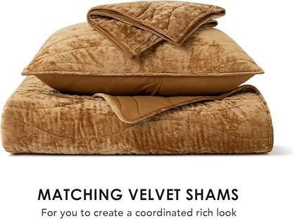 EVERGRACE Luxury Velvet Quilt Queen Size, Ultra Soft Wave Crushed Velvet Bedding Set, Lightweight Quilted Comforter Set for All Season, Oversized Bedspread Coverlet with 2 Shams, Harvest Gold