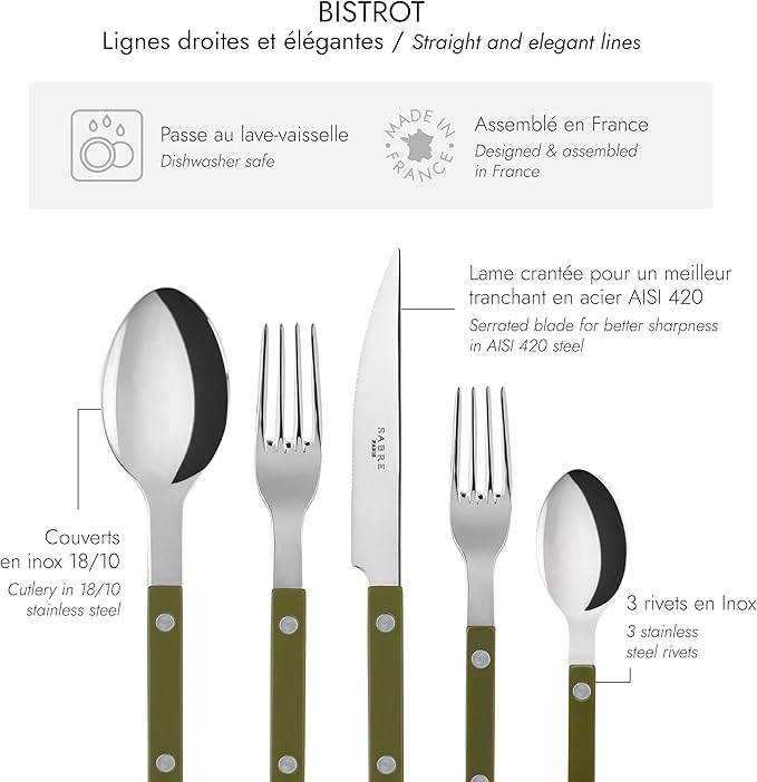 5-Piece Flatware Set - Bistrot Collection - Knife, Fork, Soup Spoon, Teaspoon & Dessert Fork - Stainless Steel & Nylon - Dishwasher Safe - Fern Green - Brilliant Finish
