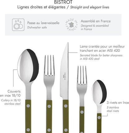 5-Piece Flatware Set - Bistrot Collection - Knife, Fork, Soup Spoon, Teaspoon & Dessert Fork - Stainless Steel & Nylon - Dishwasher Safe - Fern Green - Brilliant Finish
