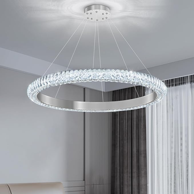 31.5" 1 Ring Crystal Chandelier Modern LED Dimmable Ring Pendant Light Chandelier for Dining Room Living Room Silver