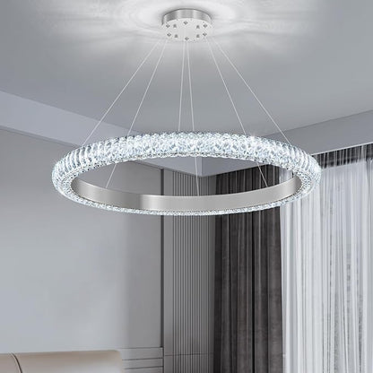 31.5" 1 Ring Crystal Chandelier Modern LED Dimmable Ring Pendant Light Chandelier for Dining Room Living Room Silver