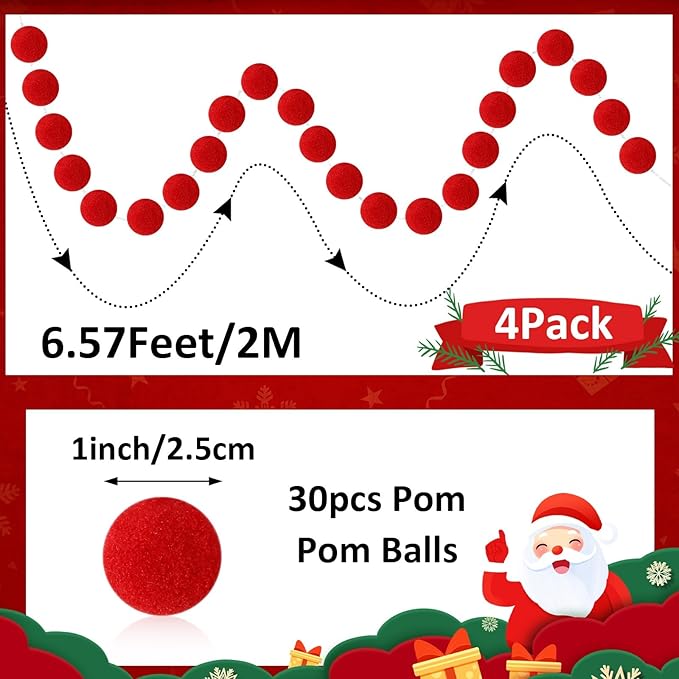 MARFOREVER 4 Pack 26.3 Ft Christmas Red Pom Pom Garland Ornaments, 30 Balls Christmas Felt Garland Hanging Supplies for Xmas Tree School Classroom Fireplace Wall Home Holiday Party Decor