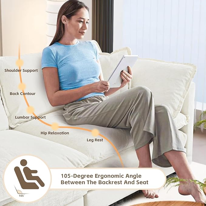 SoarFlash Chenille Sectional Sofa, Comfy L Shaped Modular Coush Sofa with Ottoman, Modern 3 Seat Couch Deep Seat Sofa Set for Living Room,White