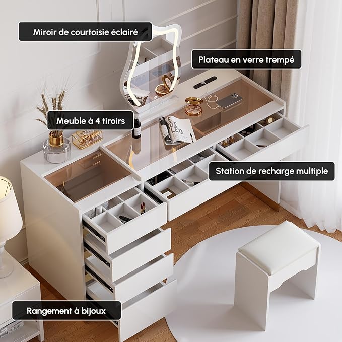 homary Vanity Desk Set with LED Looking Glass, Makeup Vanity with Power Outlet and Tempered Glass Top, Makeup Table with 6 Drawers, 3 Lighting Modes Vanity Table with Chair for Bedroom (White)