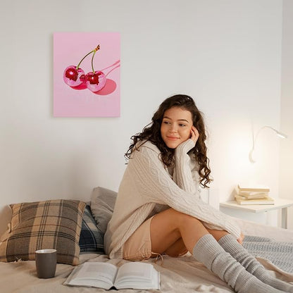 APJYM Trendy Hot Pink Disco Ball Cherry Wall Art, Preppy Room Decor, Y2K Room Decor, Funky Y2K Aesthetic Wall Art for Girls Bedroom Dorm Apartment, 11x14 Inches Frame