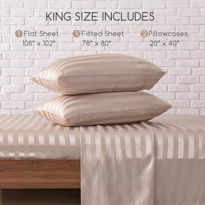 MR&HM Satin Bed Sheets, King Size Sheets Set, 4 Pcs Silky Bedding Set with 15 Inches Deep Pocket for Mattress (King, Champagne Striped)