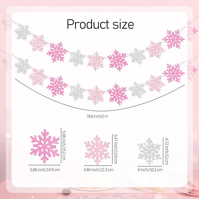 2Pack Pink Silver Snowflake Garland Winter Wonderland Decorations, Glitter Snowflake Banner for Girl Baby Shower Decorations, Birthday and Christmas Party Supplies, No DIY.