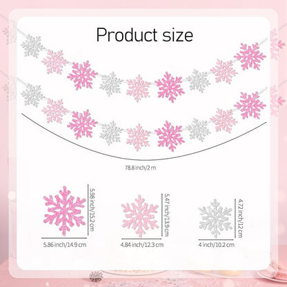 2Pack Pink Silver Snowflake Garland Winter Wonderland Decorations, Glitter Snowflake Banner for Girl Baby Shower Decorations, Birthday and Christmas Party Supplies, No DIY.