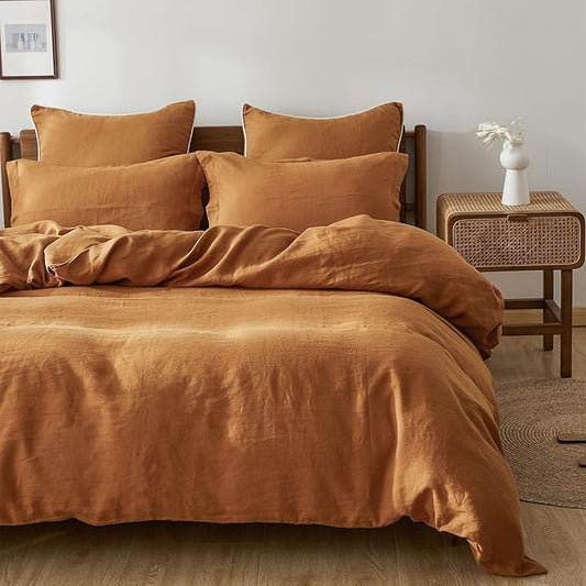 Simple&Opulence 100% Linen Duvet Cover Set, 3 PCS Natural French Flax Rust Duvet Cover Queen Size, Breathable Soft Comfy Linen Bedding Comforter Cover with 2 Pillowcases(Rust, 88"x92")