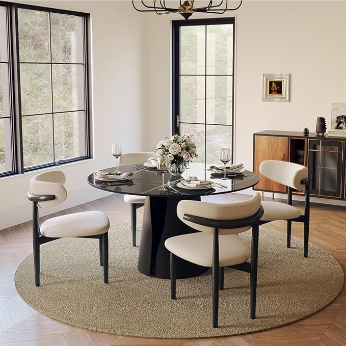 POVISON Round Dining Table for 4, 47" Modern Circle Dining Table, Glossy Black Sintered Stone Dining Tabletop with Black Carbon Steel Pedestal for Living Room (Dining Room Table Only)